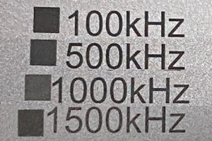 Comparison of laser marking results on anodized aluminum at different Q-frequency settings
